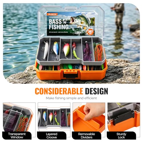 PLUSINNO Bass Fishing Lures Tackle Box Gear Kit with Tackle Included | Waterproof, Compact & Customizable, Bass Trout Fishing Gear Kit, Freshwater Topwater, 16 Rigs, Fishing Gifts for Men Starter - color: Orange 307 PCS Bass Box