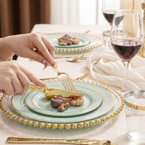 WDF Partyware 350PCS Green Plates Disposable - Sage Green Plastic Plates 50Guests Plastic Dinnerware with Rolled Napkins for Party/Birthday/Spring - color: Sage Green, size: 350