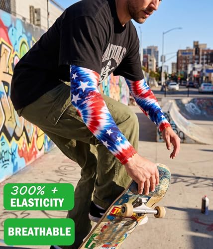 Aueyan Arm Sleeves for Men Women,Cooling Sleeves with Thumb Holes,Funny Sun Protection Arms Cover with Print Pattern - color: Tie Dye Flag