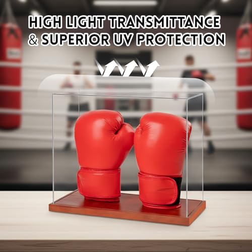 Boxing Glove Display Case 2 Glove - No Assembly Acrylic Clear Showcase with Wood Base - 2 Glove Holder - UV Protection Souvenirs and Collectibles Box