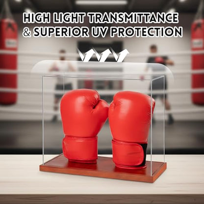Boxing Glove Display Case 2 Glove - No Assembly Acrylic Clear Showcase with Wood Base - 2 Glove Holder - UV Protection Souvenirs and Collectibles Box