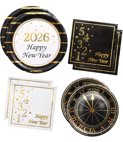 2026 New Year Plates and Napkins Party Supplies - Serves 25 - Happy New Year Eve 9 Inch and 7 Inch Plates, Napkins NY Party Decorations Favors