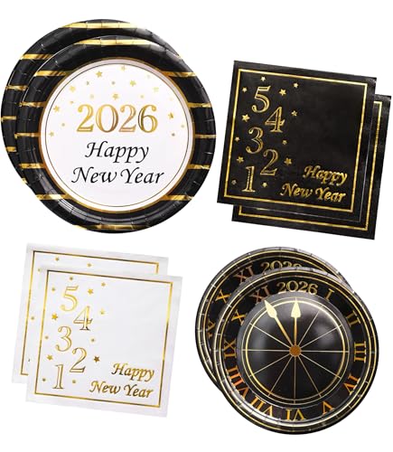 2026 New Year Plates and Napkins Party Supplies - Serves 25 - Happy New Year Eve 9 Inch and 7 Inch Plates, Napkins NY Party Decorations Favors