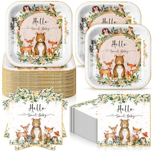 Zhehao 72 Pcs Woodland Baby Shower Napkin and Paper Plates Set Serve 36, Forest Animals Theme Party Supplies 7 Woodland Disposable Decoration for Gender Reveal - style: Baby Shower