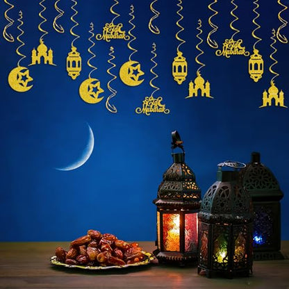 Eid Mubarak Decorations, Gold Glitter Eid Mubarak Hang Swirls Star Moon Lantern Decor Sign for Eid Festival Muslim Islam Party Decoration Supplies