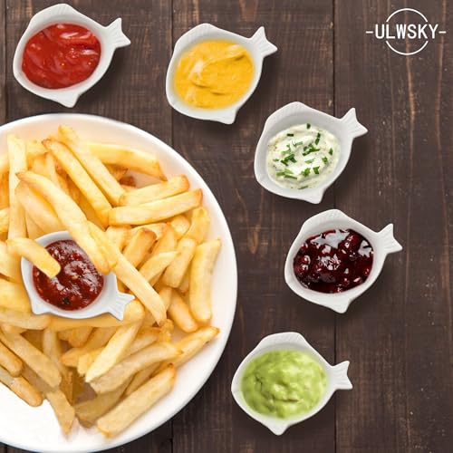 Set of 6 Fish Shape Sauce Dishes,Porcelain Dipping Bowls,Appetizer Plate,Dishwasher Safety,for Ketchup Salad Wasabi Sushi Chips Meats Veggies