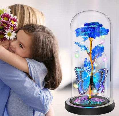 Mothers Day Rose Gifts for Mom, Birthday Gifts for Women Moms, Galaxy Crystal Light Up Rose in A Glass Dome,Mothers Day Flowers Presents Girlfriend Wife Sister Mother Mom from Daughter,Butterfly Blue - color: Butterfly- Blue