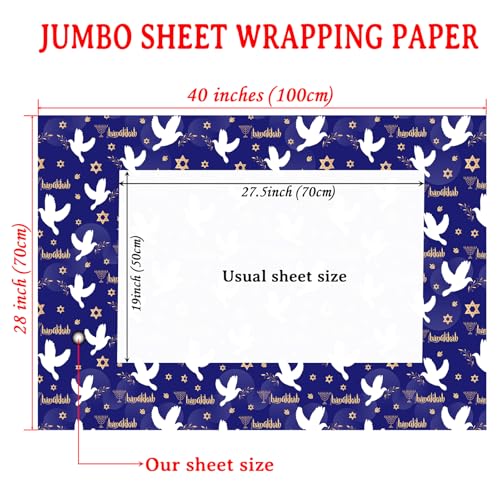 Cuitpan Hanukkah Wrapping Paper - Festival Gift Wrap with Doves, Menorahs, Star of David & Hanukkah Design - Perfect for Jewish Holiday Presents - 40×28 Inches, 4 Folded Sheets - color: Blue-Hanukkah