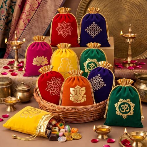 Kacctyen 24 Pcs Indian Return Gift Bags Bulk Traditional Potli Bags for Jewelry 6.7 x 9'' Kolam Print Farbic Return Gift Pouch with Drawstring for Pooja Diwali Housewarming Wedding Party Favor - color: Classic, size: 1 Count (Pack of 24)
