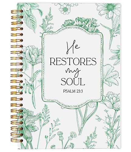 Christian Notebook for Women, Christian Gifts Journal, Prayer Journal for Women, Bible Journaling Notebook, PSALM 23:3 He Restores My Soul Floral Spiral Notebook 5.5x8.3 - color: 22-Christian-notebook