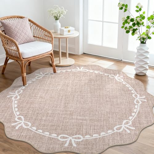GarveeHome 6ft Round Rugs Washable Scalloped Bow Rug for Bedroom, Camel - color: Camel, size: 6' (Round)