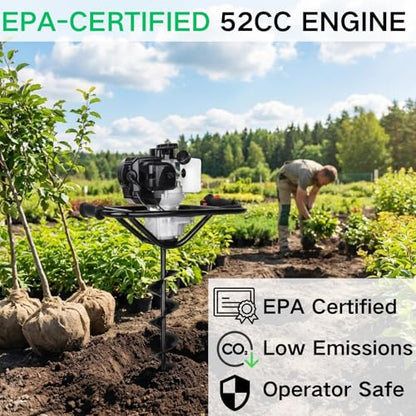 DC HOUSE Post Hole Digger, 52cc 1800W Gas Powered Earth Auger Earth Digger, Auger Post Hole Digger with Two Drill Bit 6" & 10" and Extension Rods, for Fence, Farmland and Garden, EPA Certified - size: 52cc+2 bit(6"10")+3 Ext(8"12"20")
