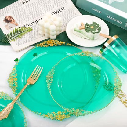 Hioasis 175pcs Clear Green Plastic Plates - Elegant Disposable Dinnerware Set Suitable for 25 Guests Include 10.25" Dinner & 7.5" Dessert Plates, Cutlery, Napkins, Cups for Party & St. Patrick's Day - color: Clear Green and Gold