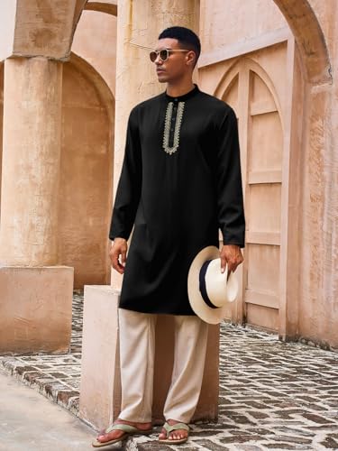 Yousify Mens Kaftan Thobe Casual Henley Shirts - color: Black, size: Large