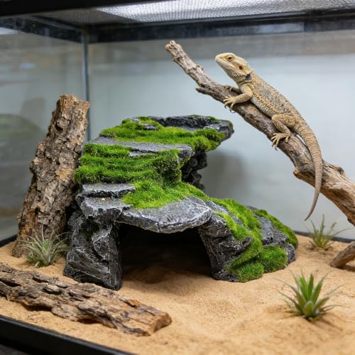 M2cbridge Reptile Hide Resting Step Ledge Cave Hideout Turtle Basking Platform – Great for Reptiles, Amphibians, and Fish (Moss Step Ledge B) - style: Moss Step Ledge B