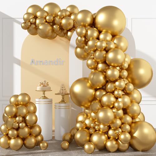 Amandir 153pcs Metallic Gold Balloons Arch Garland Kit Different Sizes 18 12 10 5 Inch Latex Chrome Gold Balloon for Graduation Birthday Wedding Engagement Anniversary Bridal Shower Party Decorations - color: Metallic Gold