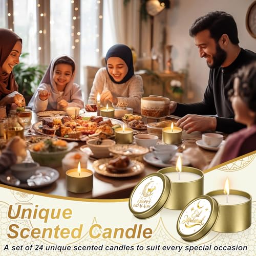 Nuanchu 24 Pack Eid Mubarak Scented Candles Gift 2 oz Golden Star and Moon Design Ramadan Aromatherapy Soy Wax Jars Lasting Bulk Favors for Home Islamic Holiday Party Decor - style: Golden Star Moon Design