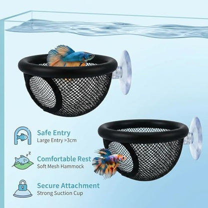 2 PCS Floating Hide with Suction Cups, Aquarium Betta Bed for Fish Tank, Beta Hammock for Fish, Floating Betta Hammock with Feeding Ring, Compact Design 10 cm x 5.6 cm