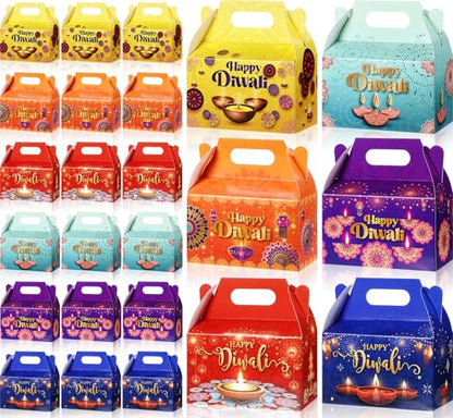 Kolldenn 24 Pcs Happy Diwali Party Favor Gift Boxes, Diwali Treat Boxes Indian Festival of Lights Gifts Gable Boxes Goodie Candy Snack Sugar Chocolate Gift Boxes for Party Decorations