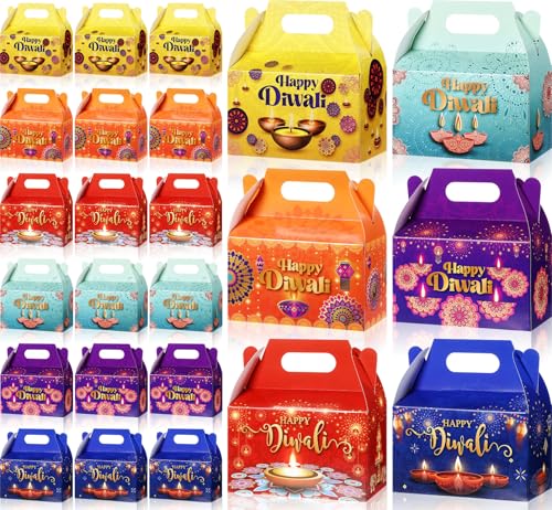 Kolldenn 24 Pcs Happy Diwali Party Favor Gift Boxes, Diwali Treat Boxes Indian Festival of Lights Gifts Gable Boxes Goodie Candy Snack Sugar Chocolate Gift Boxes for Party Decorations