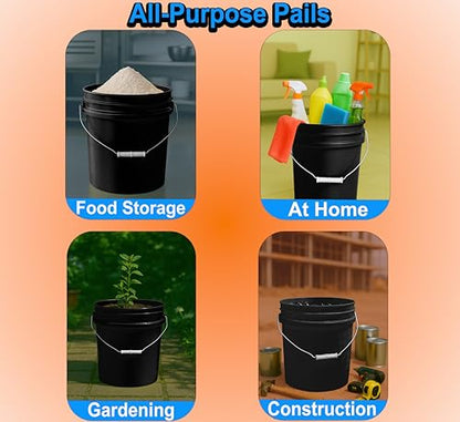 5-Gallon Bucket Only – No Lid Included, Made in USA, Food Grade BPA Free Plastic, Heavy Duty Multi-Use, Metal Handle with Grip, Stackable Storage – Black, 3 Pack - color: Black, size: 3