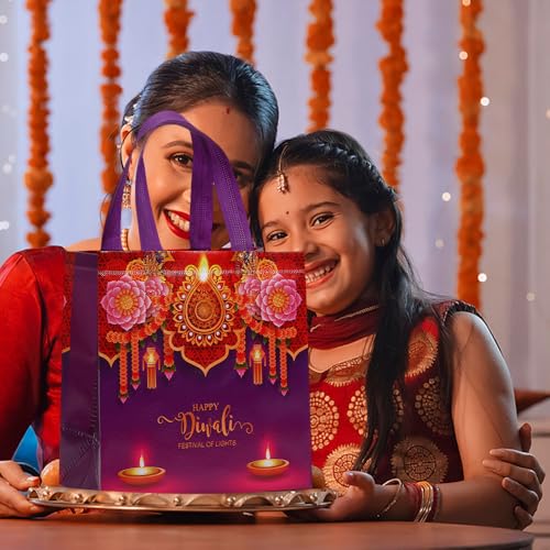 Colodeol 16 Pcs Diwali Gift Bags, Happy Diwali Tote Bags with Handles Non-woven Treat Bags Bulk for Indian Light Festival Party Decoration Favor