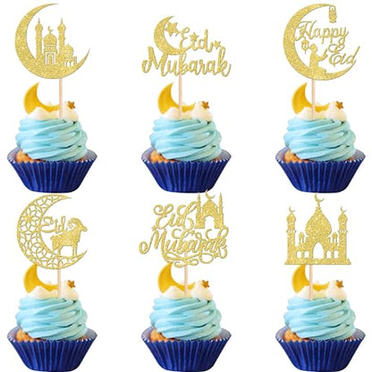 ZHUOWEISM 24 PCS Eid Mubarak Cupcake Toppers Glitter Moon Star Ramadan Kareem Happy Eid Islamic Muslim Theme Party Cake Decorations Supplies Gold - color: Design 5 Gold
