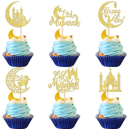 ZHUOWEISM 24 PCS Eid Mubarak Cupcake Toppers Glitter Moon Star Ramadan Kareem Happy Eid Islamic Muslim Theme Party Cake Decorations Supplies Gold - color: Design 5 Gold
