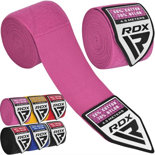 RDX Boxing Hand Wraps 4.5M / 180 Inches – Mexican Style Semi-Elastic MMA Inner Gloves - Wrist Support for Muay Thai, Kickboxing, BJJ, Karate - Thumb Loop & Hook and Loop Closure - Cotton & Nylon Blend - color: Pink