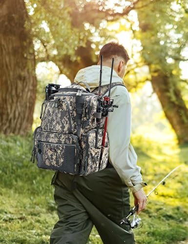 Piscifun Fishing Tackle Backpack with 2 Rod Holders, 4 Boxes & Rain Cover | Multi-pocket storage, fits 3600/3700 trays, bottle holder, padded straps for bank fishing - color: Digital Camouflage