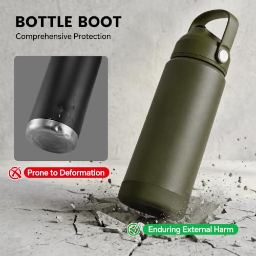 Fijinhom 24 oz Insulated Water Bottle with 2 Lids, Stainless Steel Water Bottles, Double Wall Vacuum, Portable Handle & Non-slip Bottom, BPA Free Leak Proof Metal Bottles, Keep Cold 24H, Green - color: Army Green, size: 24 Ounces