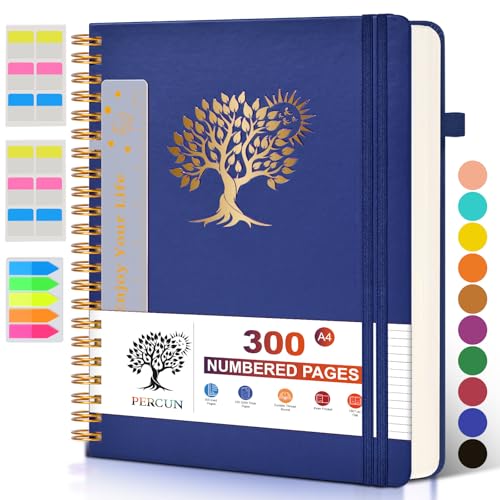 Large Spiral Notebook Journal for Women Men - 300 Numbered Lined Pages, College Ruled, A4 Hardcover Spiral Bound Notebook for School, Work, Note Taking, Writing, Leather Spiral Journal 8.5"x11" - color: Navy, size: A4 size (8.5in x 11.5in)