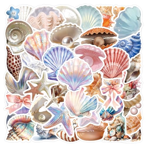 60PCS Sea Shell Stickers Aesthetic PET Transparent Conch Sticker Clamshell Pearls Decals Waterproof Decorative Decal for Scrapbook DIY Crafts Album Bullet Journal Planner Water Bottles Phone (Conch-B) - color: Conch-b