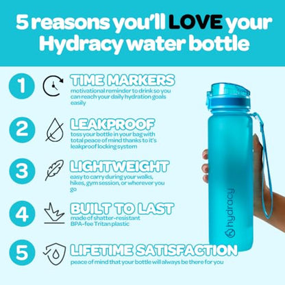Hydracy 타임 마커 및 과일 인퓨저가 있는 물병 - BPA 프리 - 502.8ml(17온스) | 샘 방지 체육관 병, 마실 시간이 있고 땀이 나지 않는 슬리브 - 피트니스 스포츠 및 야외 활동에 이상적입니다 - color: 아쿠아 블루, size: 17온스