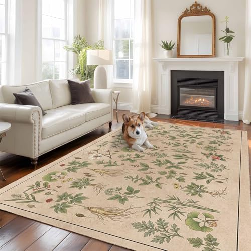 Vintage Botanical 5' x 7' Area Rugs for Bedroom,Washable Dining Room Runner Carpet with Rug Tape,Country Herbs Leaves Plants Flowers Brown Large Throw Rug Floor Carpet for Home Office Living Room - size: 5' x 6'11" (Rectangular)
