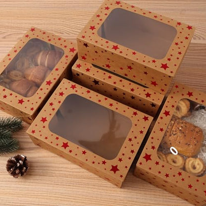 24 Pack Brown Cookie Boxes, 9x6x3Inch Red Star Baking Boxes for Gift Giving,Kraft Boxes with Window,Holiday Treat Boxes for Pastry,Cookie Tin Containers Box for Baked Goods Packaging - color: Red Star-Brown