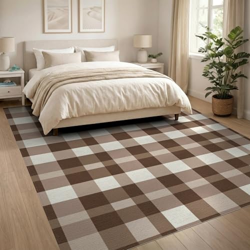 8'x10' Washable Flatwoven Rug, Beige Country Plaid Stain Resistant Extra Large Carpet for Dining Room, Large Office, Lounge, Non-Slip Chair-Friendly Mat | Ref:1910429 - color: Beige/Pattern 30, size: 8' x 10' (Rectangular)