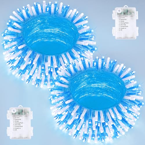 2 Pack 200 LED Battery Operated String Lights, Twinkle Lights Blue & White - color: Blue and White, size: 2PK(100LED)