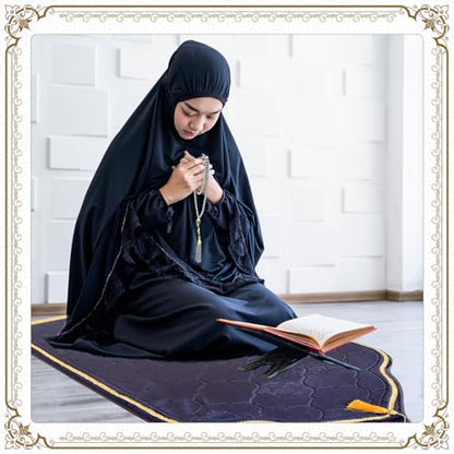 Muslim Prayer Rug with Tasbih Prayer Beads, Extra Thick Padded Non-Slip Islamic Prayer Matt,Turkish Praying Carpet Ottoman Blankets Ramadan Gift for Ramadan, Eid, Hajj, Travel, Pray（Gray Purple） - color: Gray Purple