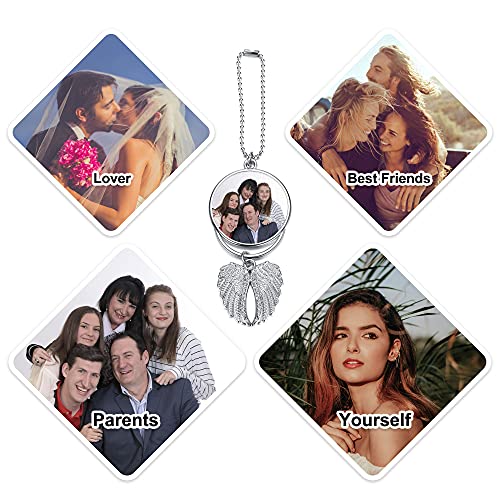 PiercingJ Custom Photo Rearview Mirror Car Charm Double Side Picture Engraving Car Hanging Ornament Angel Wing Car Charm Gift for Men Women - color: Silver-1 Pc