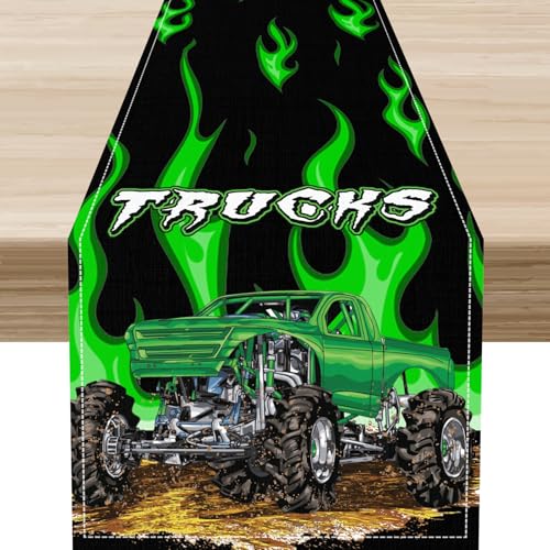 Truck Table Runner,Abstract Monster Truck Car Green Fire Decor for Kids Party Dinner Festival Farmhouse Holiday Dining Room, 13"x36" - color: Car-7, size: 13"X36"