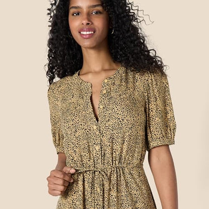 Amazon Essentials Women's Relaxed Fit Half-Sleeve Breathable Button Front Drawstring Waist Midi A-Line Dress with Pockets - color: Camel/Black - Mini Ikat Animal, size: X-Large