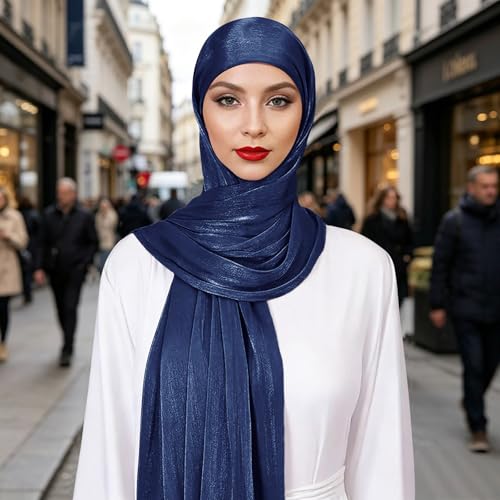 Premium Hijab Head Scarf for Women Lightweight Shimmer Hijab Head Wrap Scarves Crepe Satin Scarf Shawl Wrap - color: Navy Blue