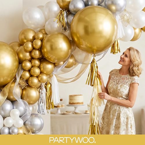 PartyWoo 골드 풍선 140피스 다양한 사이즈 45.7cm(18인치), 30.5cm(12인치), 25.4cm(10인치), 12.7cm(5인치), 12.7cm(5인치), 12.7cm(5인치) 골드 풍선 아치 키트 가랜드, 생일, 결혼 기념일, 베이비 샤워, 졸업 - color: Gold-g101