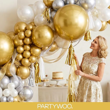 PartyWoo 골드 풍선 140피스 다양한 사이즈 45.7cm(18인치), 30.5cm(12인치), 25.4cm(10인치), 12.7cm(5인치), 12.7cm(5인치), 12.7cm(5인치) 골드 풍선 아치 키트 가랜드, 생일, 결혼 기념일, 베이비 샤워, 졸업 - color: Gold-g101