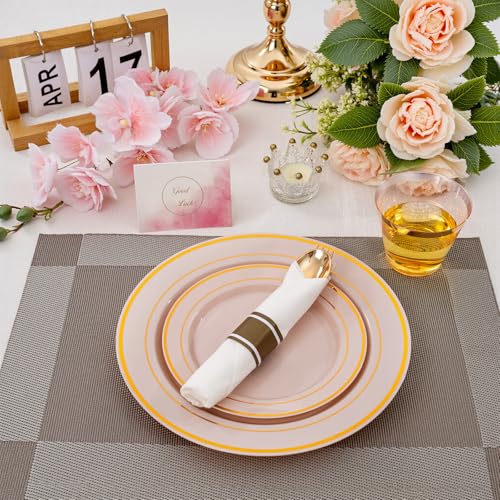 175PCS Pink Gold Plastic Dinnerware Set,Pink Plastic Plates, Include: 25 Dinner Plates, 25 Dessert Plates, 25 Pre Rolled Napkins with Gold Silverware, 25 Cups for Spring Wedding,Mother's Day - color: Pink and Gold