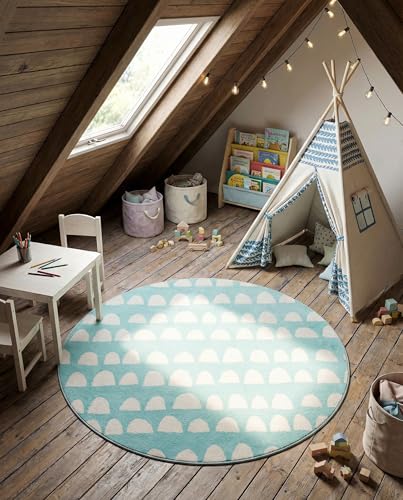 Rugs.com Whimsy Kids Collection Rug – 5 Ft Round Clear Blue Medium-Pile Rug Perfect for Kitchens, Dining Rooms - color: Clear Blue, size: 5' Round