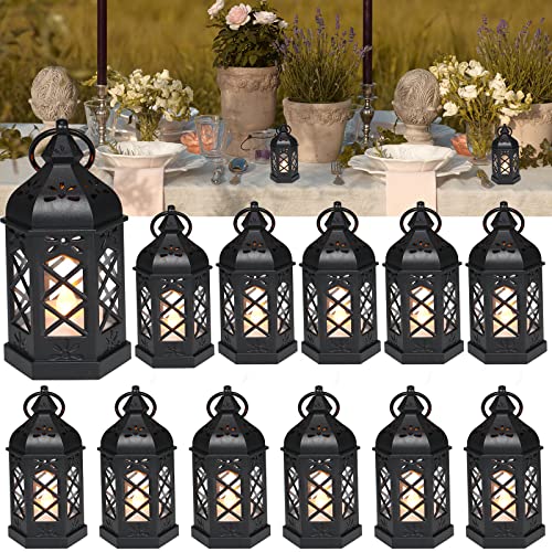 LLQ 12Pcs Mini Lantern with LED Candle, Small Black Lanterns Decorative for Halloween Decorations, Christmas Table Centerpiece, Flickering Candle Holders for Diwali Wedding Medieval Decor, Ornaments - color: Black