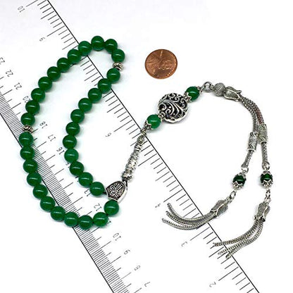Design - Long & Stylist Tassels Worry Beads - Prayer Beads (8 mm-33 Beads) Tesbih-Tasbih-Tasbeeh-Misbaha-Subha-Sebha-Sibha-Rosary (Green Jade Natural Stone) - color: Green Jade Natural Stone