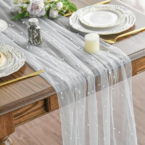 Artoid Mode Pearl White Gauze Table Runner 10FT Home Decor - color: White, size: 28" x 120"